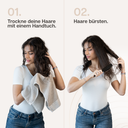 Anleitung für die Anwendung des Aerova Luftglätters – Schritt 1: Haare mit einem Handtuch trocknen, Schritt 2: gründlich bürsten.