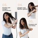 Schritte 3 bis 5 der Aerova Airstrait Anwendung: Ansatz vortrocknen, Längen glätten, mit Cool Shot fixieren – für ein perfektes Styling ohne Hitze.