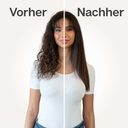 Vorher-Nachher-Vergleich mit dem Aerova Luftglätter – links krauses, rechts glatt gestyltes Haar nach dem Einsatz des Luftstreckeisens.